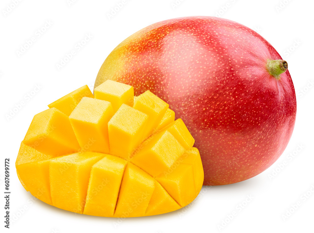 Red mango half isolated on white background. Mango clipping path. Mango fruits