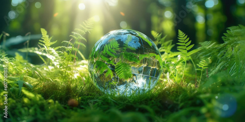 Fototapeta Naklejka Na Ścianę i Meble -  Crystal sphere symbolising the planet earth on a green forest bed. Concept of environment and sustainability. Generative AI