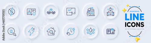 Charging time, Inspect and Floor plan line icons for web app. Pack of Parcel shipping, Petrol station, Quality pictogram icons. Technical algorithm, Engineering documentation, Power signs. Vector