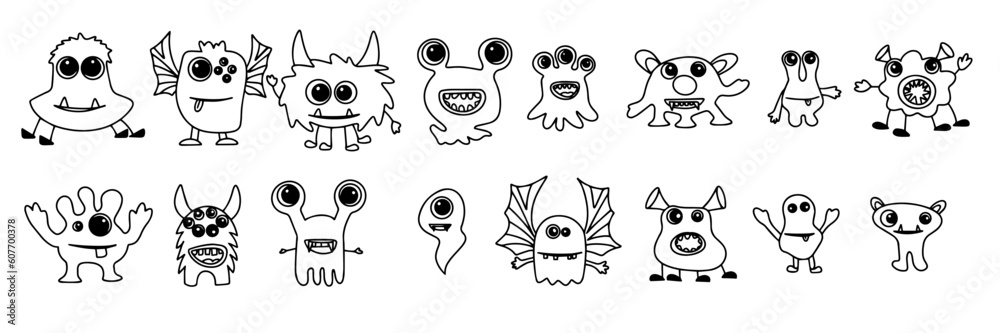 Fototapeta premium Big collection of monsters in doodle style. Hand drawn big set of Halloween monsters. Vector illustration