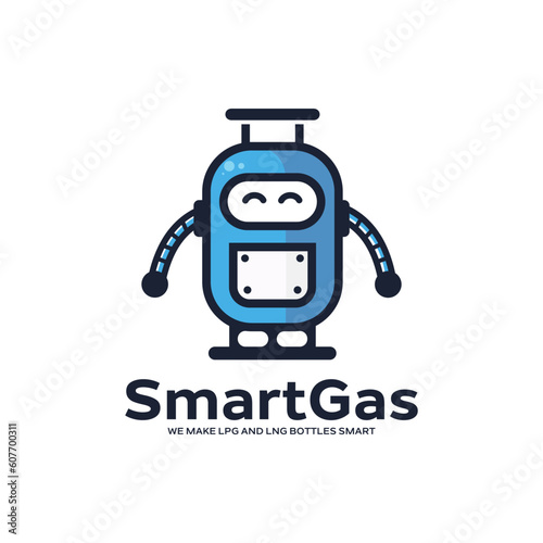 The character logo depicts a gas cylinder in the shape of a robot. It is suitable for smart gas cylinder logos.