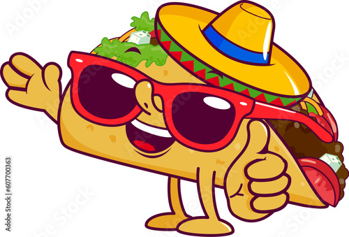 Cartoon Mexican taco character with sombrero hat and sunglasses. Vector illustration