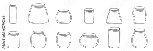 Collection of glass vase or bottle in doodle style. Hand drawn bottles any form set. Vector illustraiton