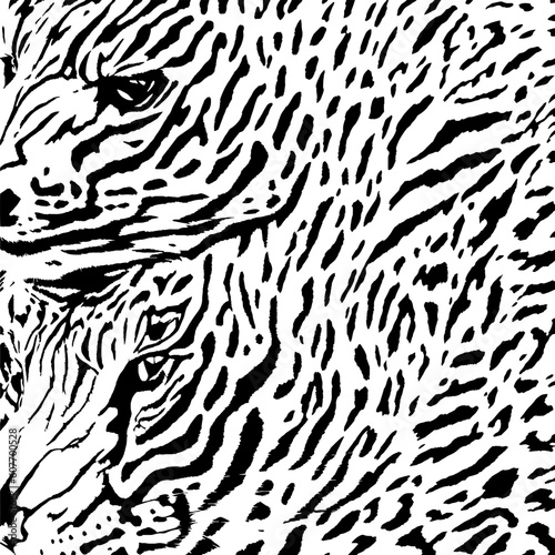 Leopard skin motif in the form of camouflage lines with 2 leopard faces in it