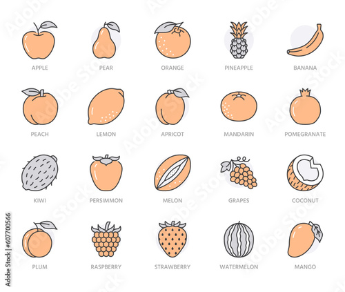 Fruits, berry flat line icons set. Orange, strawberry, pineapple, mango, lemon, kiwi, apple, grape vector illustrations. Outline signs for organic food store. Orange color. Editable Stroke