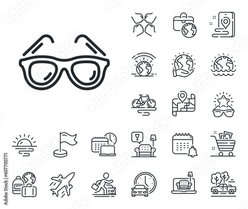 Trip sun glasses sign. Plane jet, travel map and baggage claim outline icons. Travel sunglasses line icon. Holidays symbol. Sunglasses line sign. Car rental, taxi transport icon. Vector