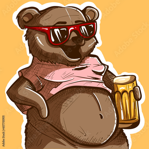 Digital art of a bear with his belly sticking out of his shirt holding a glass of beer. Wild animal with sunglasses.