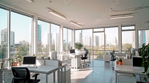 large open area with large windows and lots of work desks, in the style of white, photorealistic representation, new york city subject matter, vray, aluminum