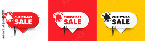 Christmas Sale tag. Speech bubbles with bell and woman silhouette. Special offer price sign. Advertising Discounts symbol. Christmas sale chat speech message. Woman with megaphone. Vector