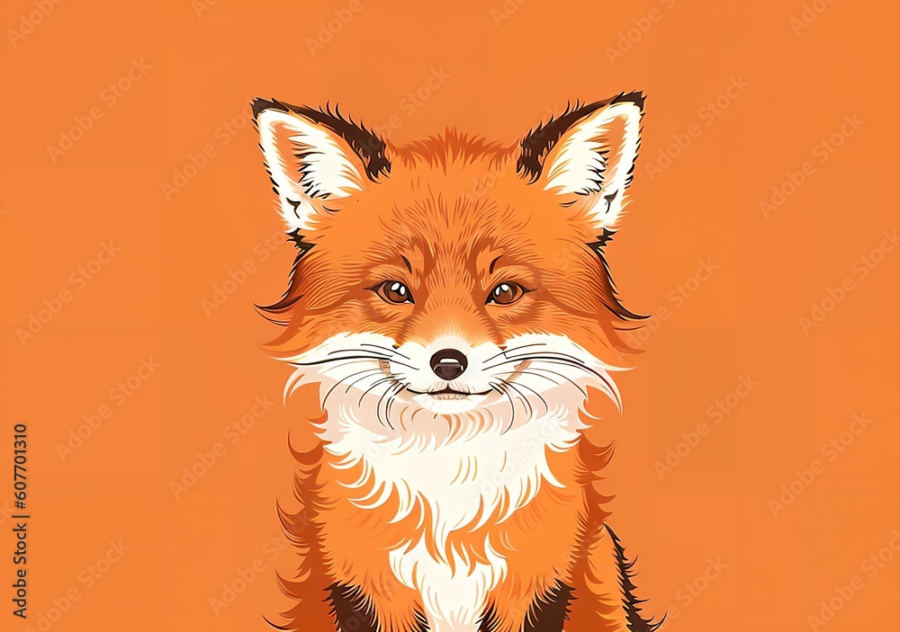 a red fox sitting down with a happy look on its face and eyes, on an orange background