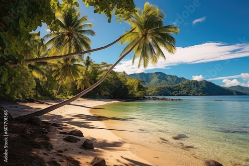 Summer landscape  palm trees and blue calm sea. Generative AI