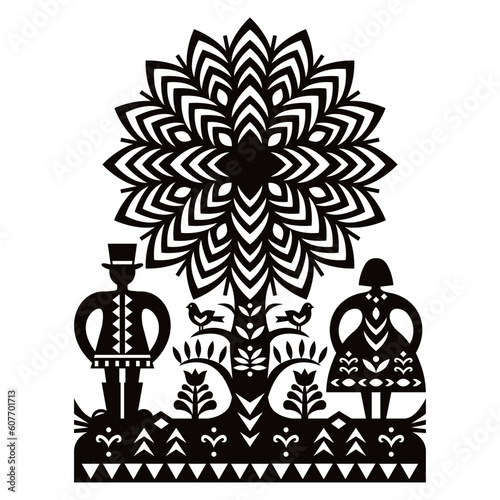 folk art, design, pattern, Poland, Polish, Kurpie, Wycinanki Polish folk art vector pattern with man in hat, woman and birds Kurpiowskie Leluje Wycinanki - Kurpie paper cut outs design in black 