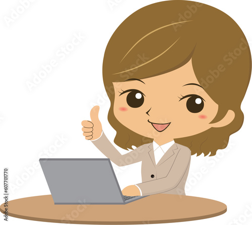 パソコンの前でいいねポーズをする若いOL