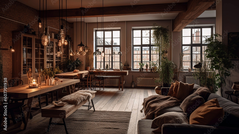 Scandinavian style interior. Large modern loft-style apartment. AI Generative