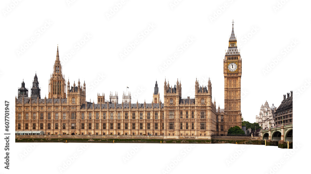 Big Ben in London UK cut out and isolated on transparent white background - obrazy, fototapety, plakaty 