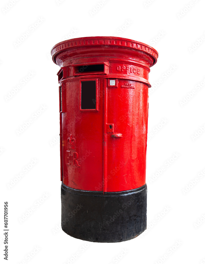 Traditional red post box in London, the UK. Cut out and isolated on transparent white background Traditional red post box in London, the UK. Cut out and isolated on transparent white background