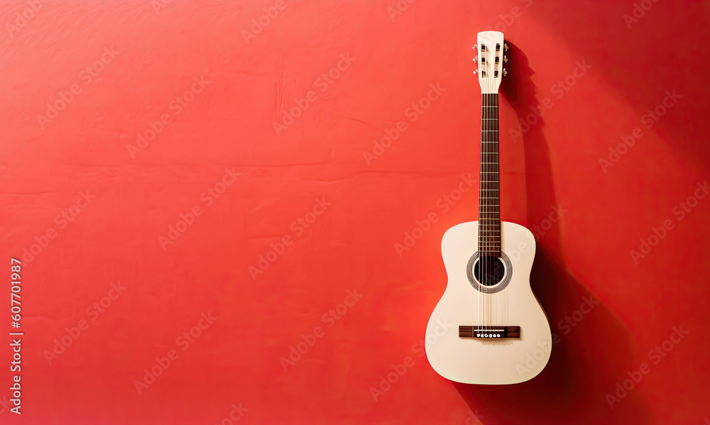 Obraz premium Frontal view of a guitar hanging out of a red background.