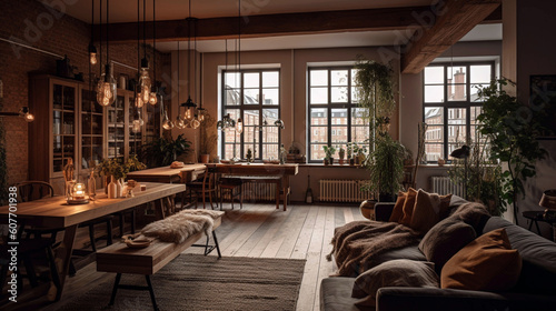 Scandinavian style interior. Large modern loft-style apartment. AI Generative © Witri