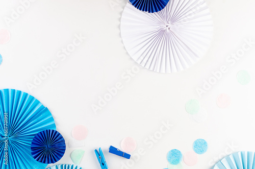 background with white and blue detalies, baubles, branches and ribbon photo