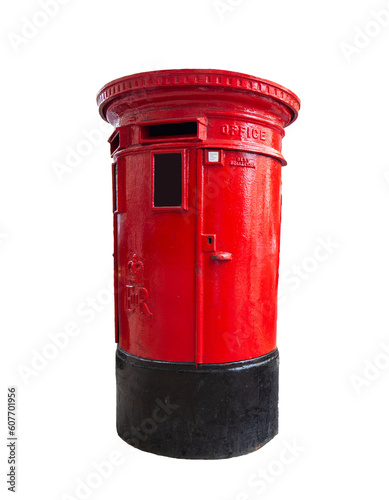 Traditional red post box in London, the UK. Cut out and isolated on transparent white background