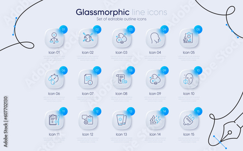 Set of World vaccination, Sunscreen and Face protection line icons for web app. Cholecalciferol, Medical prescription, Ethics icons. Cough, Electric plug, Manual signs. Thiamine vitamin. Vector