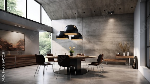 Interior design inspiration of Contemporary Industrial style home dining room loveliness decorated with Concrete and Metal material and Cone Pendant Lights .Generative AI home interior design . photo