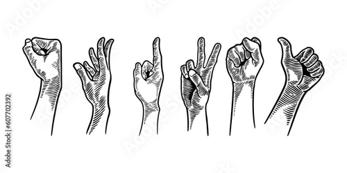 Hand gesture set collections. Vector illustration hand drawing sketch engraving style. Vintage black and white ink colors.