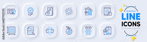 Food app, Square area and Star line icons for web app. Pack of Twinkle star, Search file, Engineering documentation pictogram icons. Medical food, Fitness, Winner ribbon signs. Vector