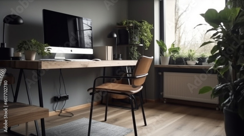 interior modern living room workspace with desk and desktop computer. Generative AI