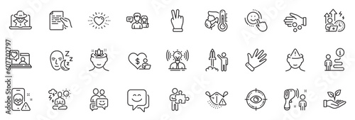 Icons pack as Support, Heart and Fraud line icons for app include Eye target, Friends chat, Yoga outline thin icon web set. Volunteer, Electronic thermometer, Puzzle pictogram. Vector
