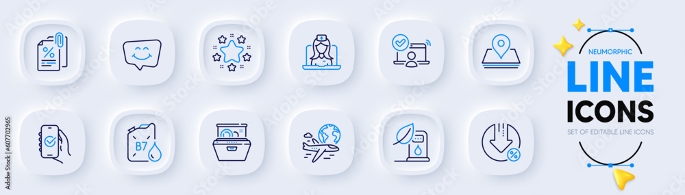 Telemedicine, Petrol station and Dishwasher line icons for web app. Pack of Stars, Approved app, Diesel canister pictogram icons. Loan percent, Tax documents, Online access signs. Vector Telemedicine, Petrol station and Dishwasher line icons for web app. Pack of Stars, Approved app, Diesel canister pictogram icons. Loan percent, Tax documents, Online access signs. Vector