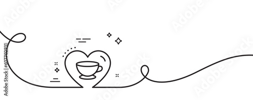 Love coffee line icon. Continuous one line with curl. Hot cappuccino cup sign. Heart with mug symbol. Love coffee single outline ribbon. Loop curve pattern. Vector