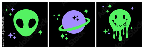 Trendy Cool Print with Neon Green Melting Emoticon, Alien Head and Saturn Planet Isolated on a Black Background. Simple Y2K Style Abstract Doodle Design. Vibrant Rgb Colors. Modern 90's Style Poster.