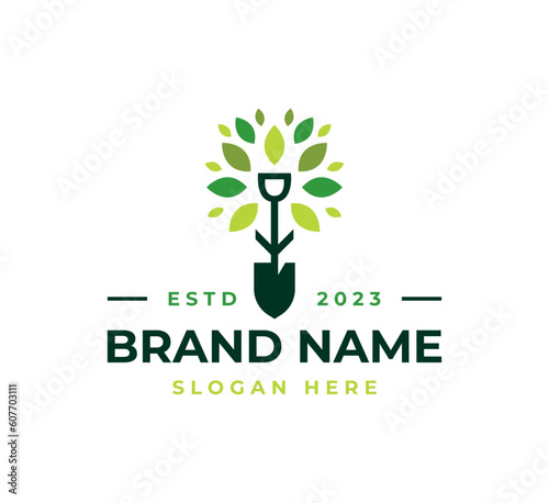 shovel tree leaf spade nature green logo vector icon illustration