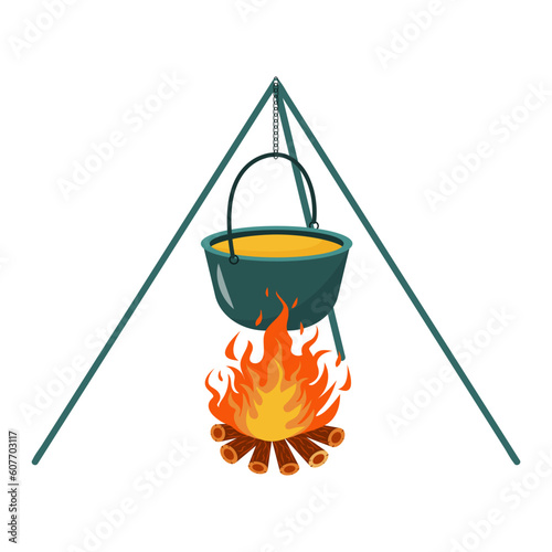 Pot on campfire. Campfire tripod. Cooking in a cauldron on flame. Hiking Food.
