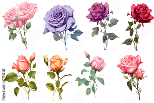 Set of rose flower element, leaves, branches and flowers isolated. PNG elements, Generative AI