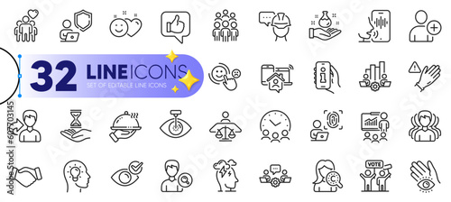 Outline set of Teamwork chart, Friendship and Share line icons for web with Voicemail, Use gloves, Time hourglass thin icon. Work home, Smile, Shield pictogram icon. Teamwork, Stress. Vector