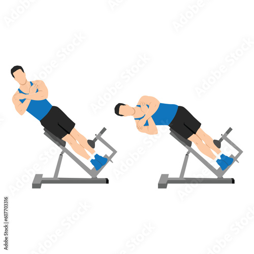 Man doing roman chair side bend or hyperextension bench side bends exercise. Flat vector illustration isolated on white background