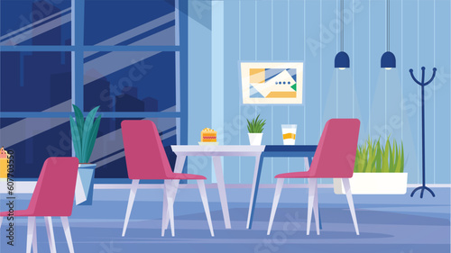 Concept Restaurant. This is a flat  cartoon-style design of a restaurant background  featuring tables  chairs  and a serving counter with food and drinks displayed. Vector illustration.