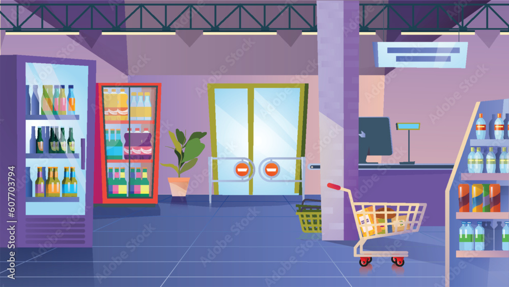 Concept Grocery store. A flat, cartoon design background featuring a grocery store, complete with shelves stocked with various food products and a checkout counter. Vector illustration.
