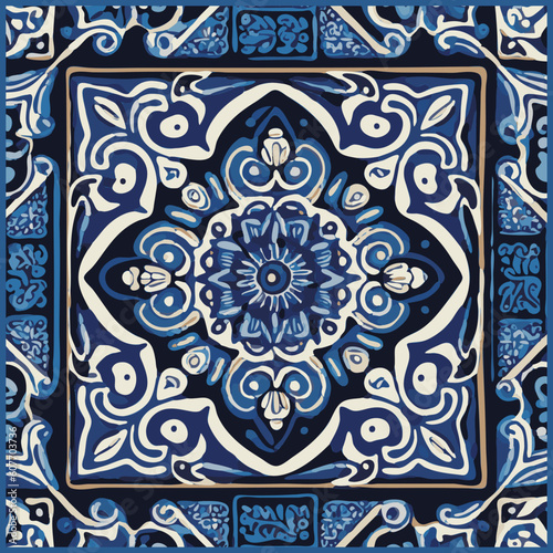 Blue Tiles Background, Old Fasion Retro Azulejo Mosaic Tile, Vintage Portuguese Wall Ceramic Seamless Pattern photo
