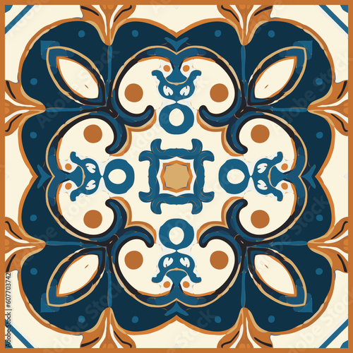 Blue Tiles Background, Old Fasion Retro Azulejo Mosaic Tile, Vintage Portuguese Wall Ceramic Seamless Pattern