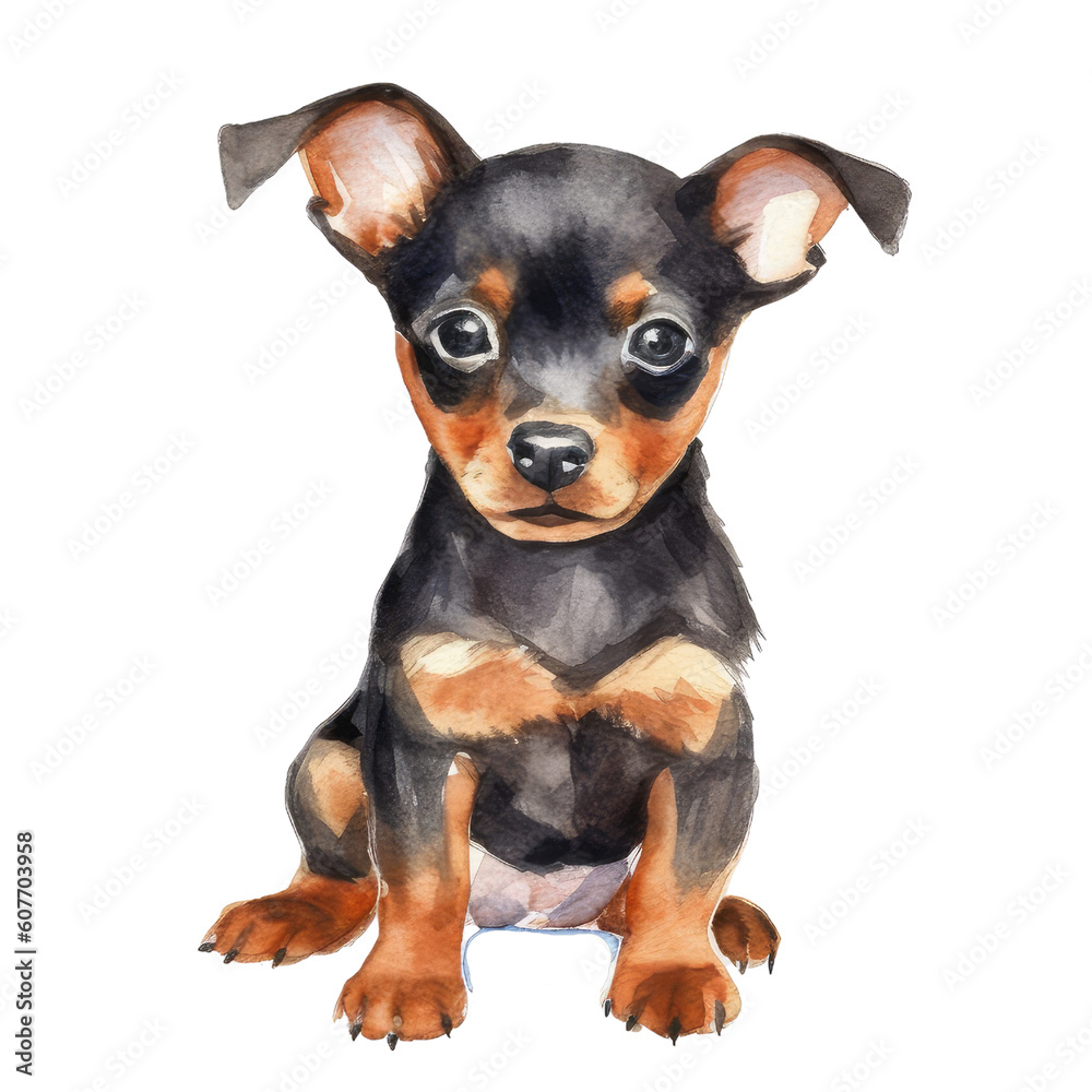 cute miniature pinscher dog watercolor created with Generative AI technology cute miniature pinscher dog watercolor created with Generative AI technology