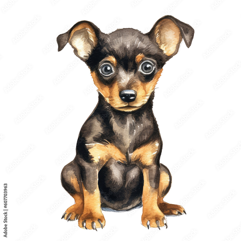 cute miniature pinscher dog watercolor created with Generative AI technology