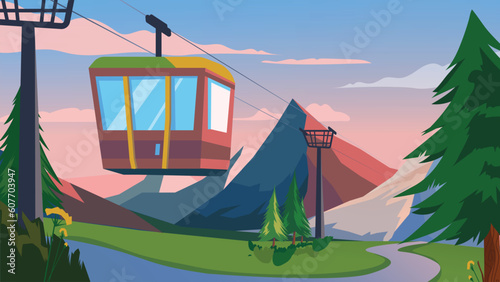 Concept Mountains funicular. A flat, cartoon-style design featuring a funicular on a mountain background. Vector illustration.
