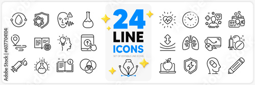 Icons set of Depression treatment, Patient and Pencil line icons pack for app with Swipe up, Time management, Idea thin outline icon. Internet book, Place, Manual pictogram. Vector