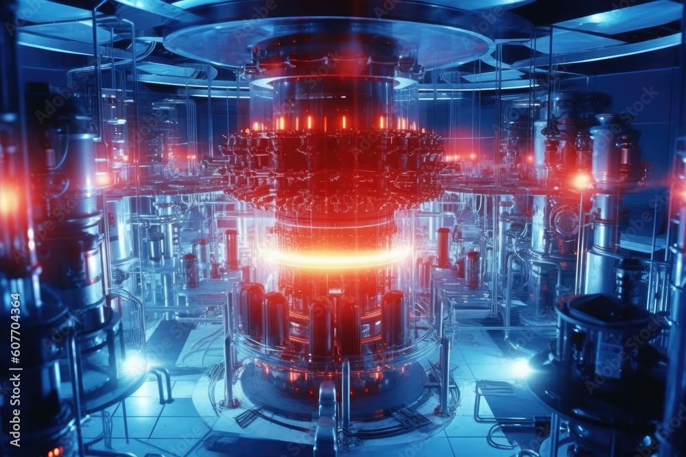 Theme of nuclear fusion. Large experimental setup in a laboratory with plasma being generated at high temperatures. Generative AI Theme of nuclear fusion. Large experimental setup in a laboratory with plasma being generated at high temperatures. Generative AI