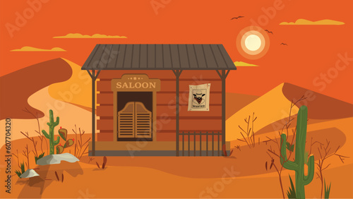 Concept Wild west. A flat, cartoon-designed background with a Wild West theme featuring cacti, saloons, and a desert landscape. Vector illustration.