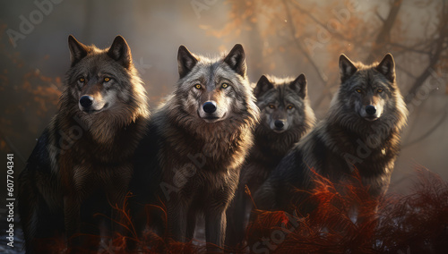a group of wolf's standing in a field, generative AI