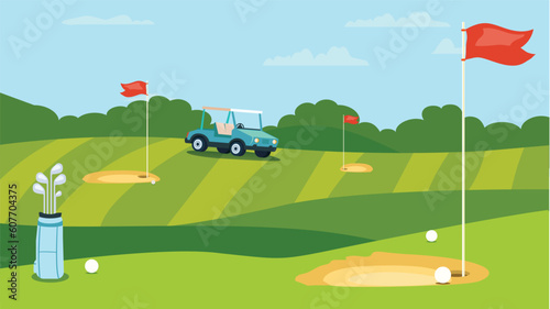 Concept Golf course. This is a flat, cartoon-style design of a golf course as a background. Vector illustration.